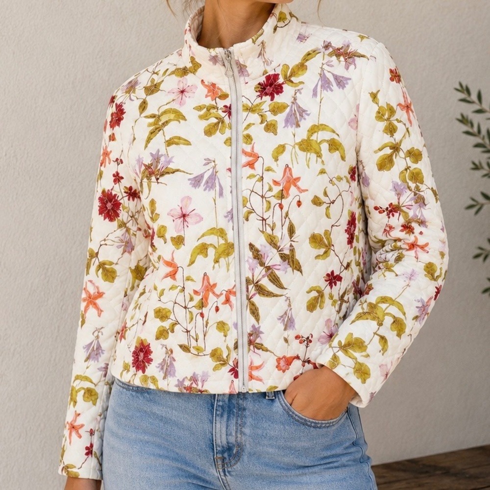 Lands End Quilted Floral Zip Up Jacket Mock Neck Botanical Print Off White Large
